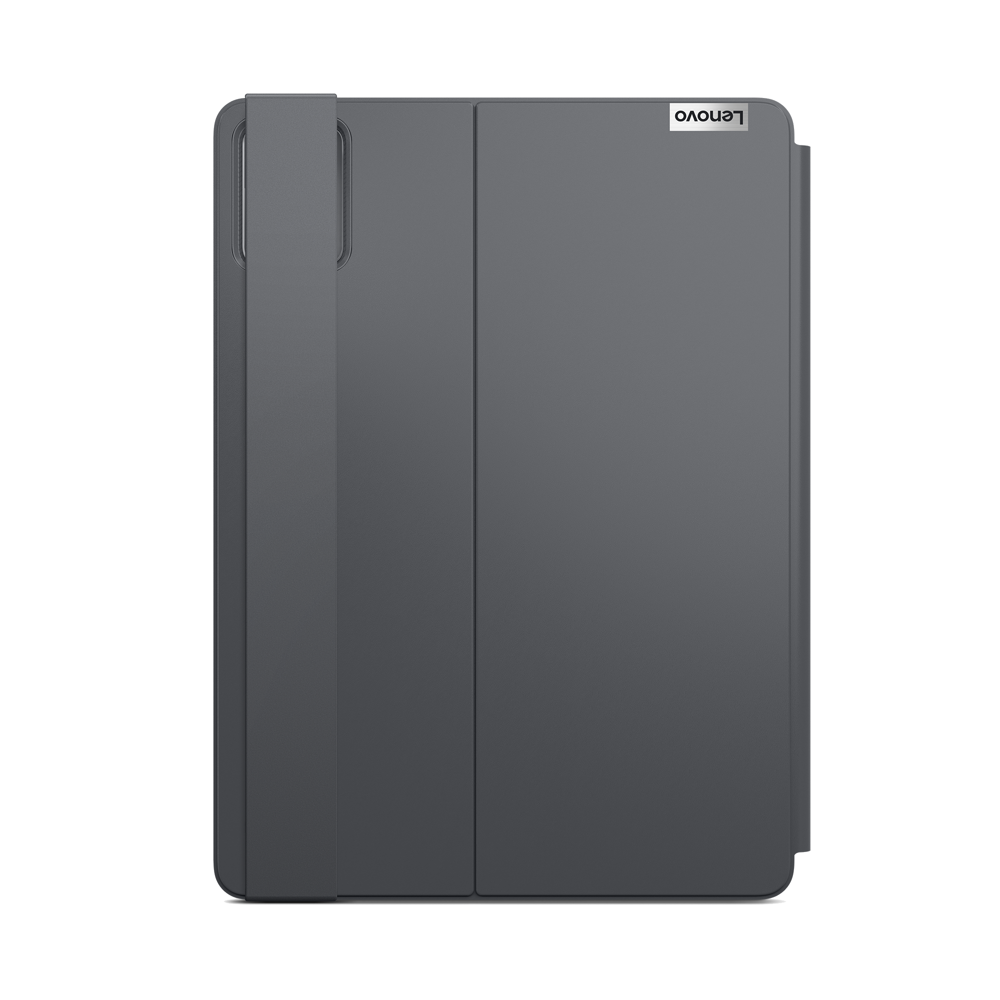 Funda de tableta Lenovo gris oscuro cerrada, diseño minimalista con logotipo sutil.