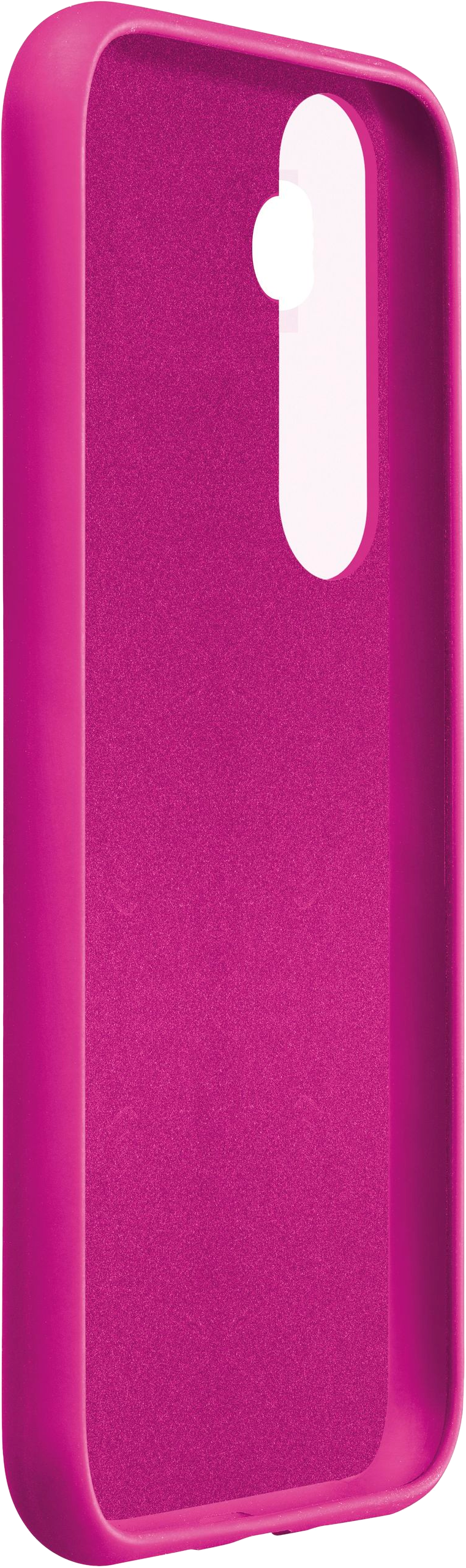 Une coque de téléphone rose avec une découpe pour l'appareil photo, sur fond blanc.
