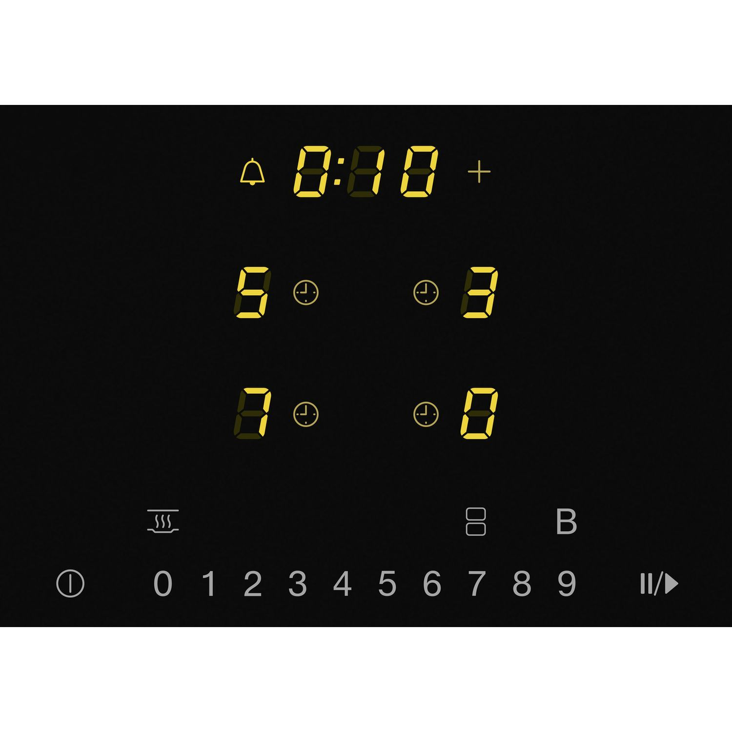 Digital display showing timer 0:10, numbers 0-9, icons for bell, plus, heat, timer, stop/start.