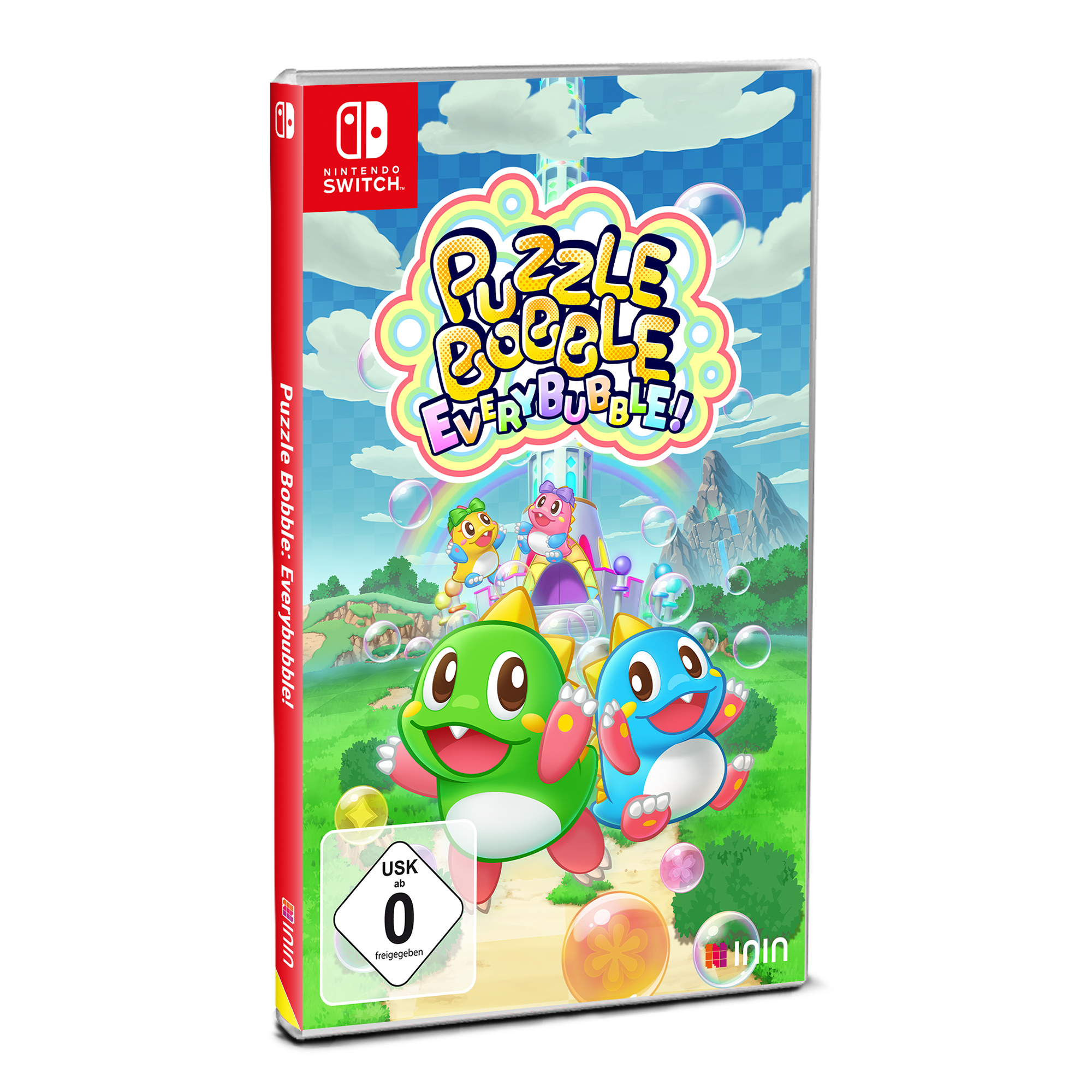 Spielbox für das Nintendo Switch-Spiel Puzzle Bobble Everybubble. Die Box hat Cartoon-Charaktere und Blasen.