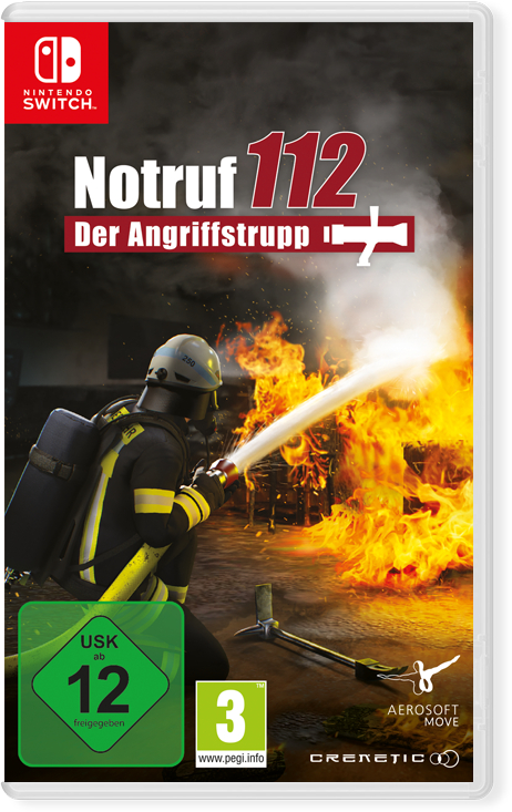 Nintendo Switch-Spielhülle für Notruf 112. Feuerwehrmann in Aktion, der Feuer spritzt. Grünes und weißes Etikett, Feuer im Hintergrund.