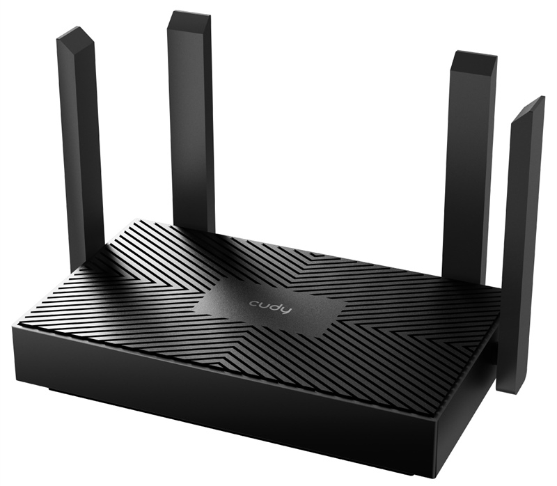 Czarny router z czterema antenami, umieszczony na białej powierzchni.