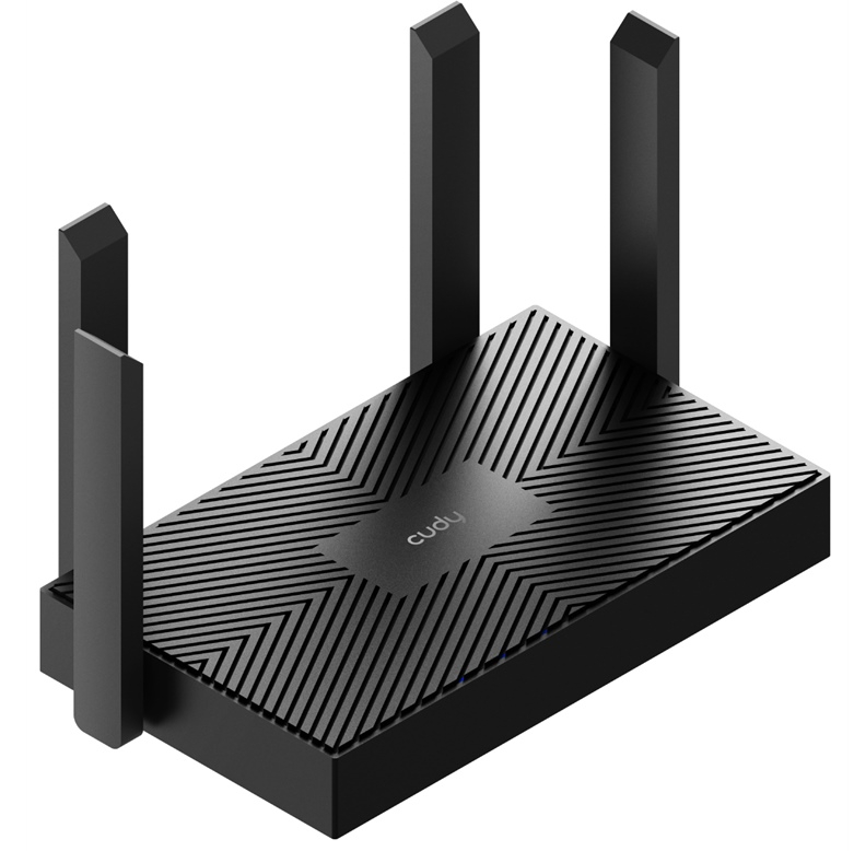 Czarny router z antenami. Pochyłe linie na górze. Logo Cudy.