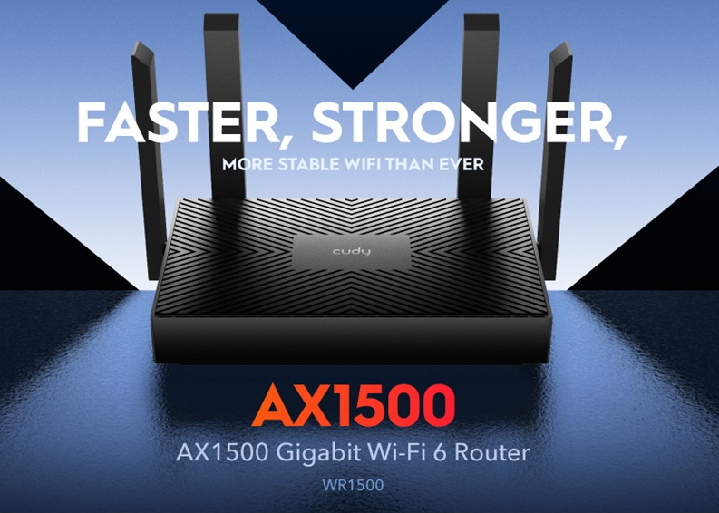 Router Cudy AX1500 Gigabit Wi-Fi 6 z czterema antenami. Pogrubiony tekst, niebieskie tło.