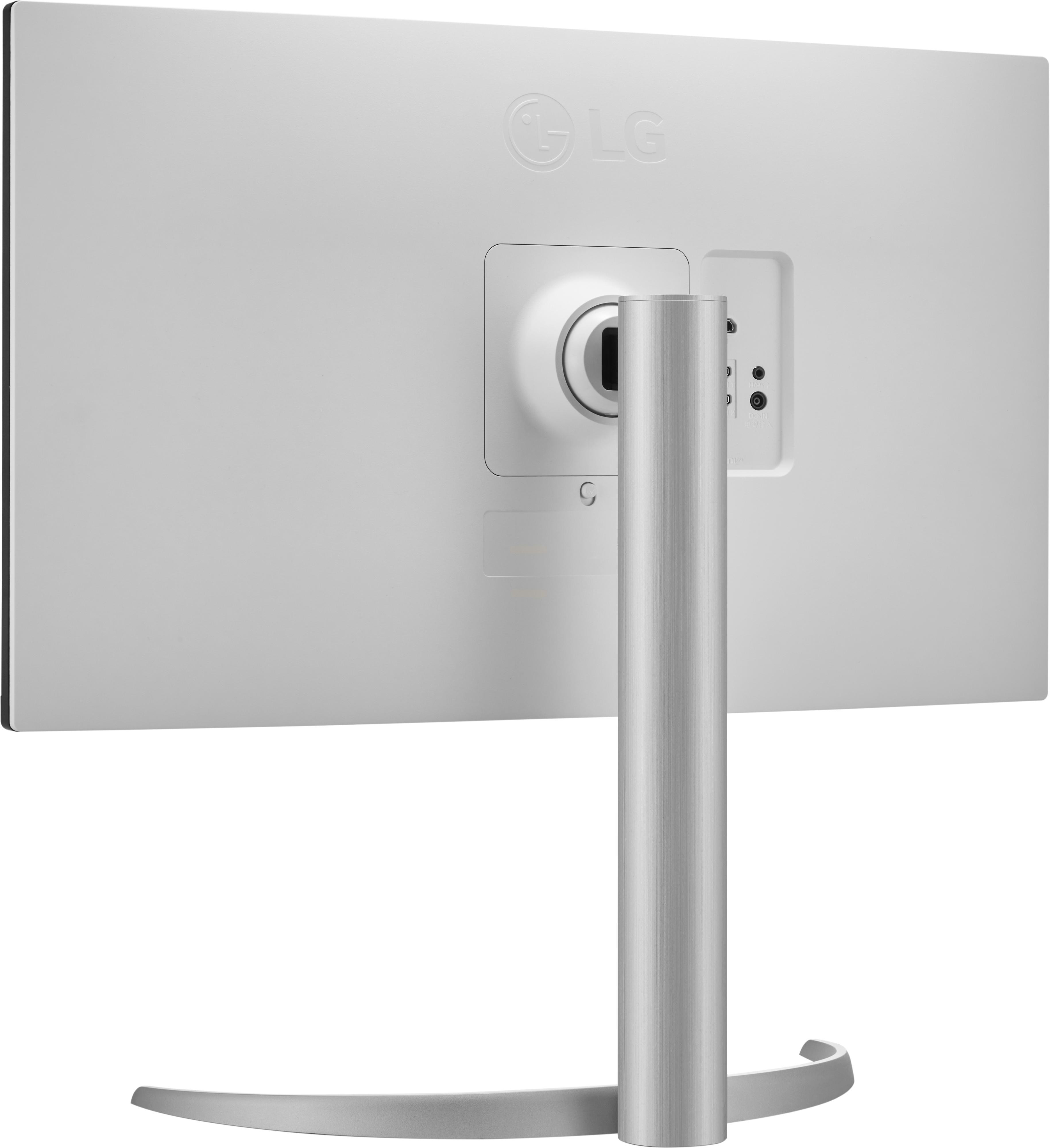 Rückseite eines silbernen LG-Monitors mit Anschlüssen, Ständer und dem LG-Logo.