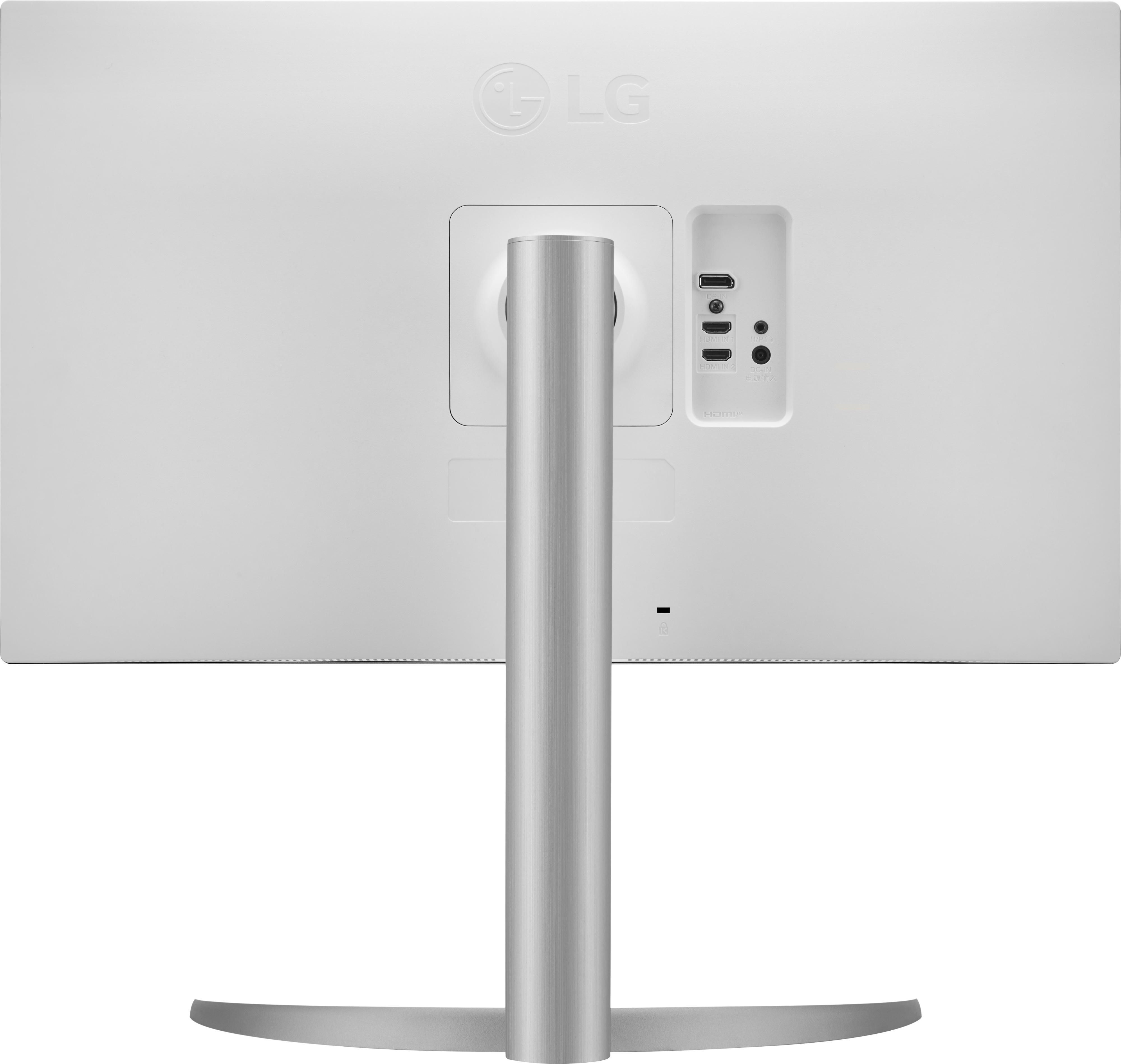 Weißer LG Monitor. Die Rückseite hat Anschlüsse und einen Ständer.