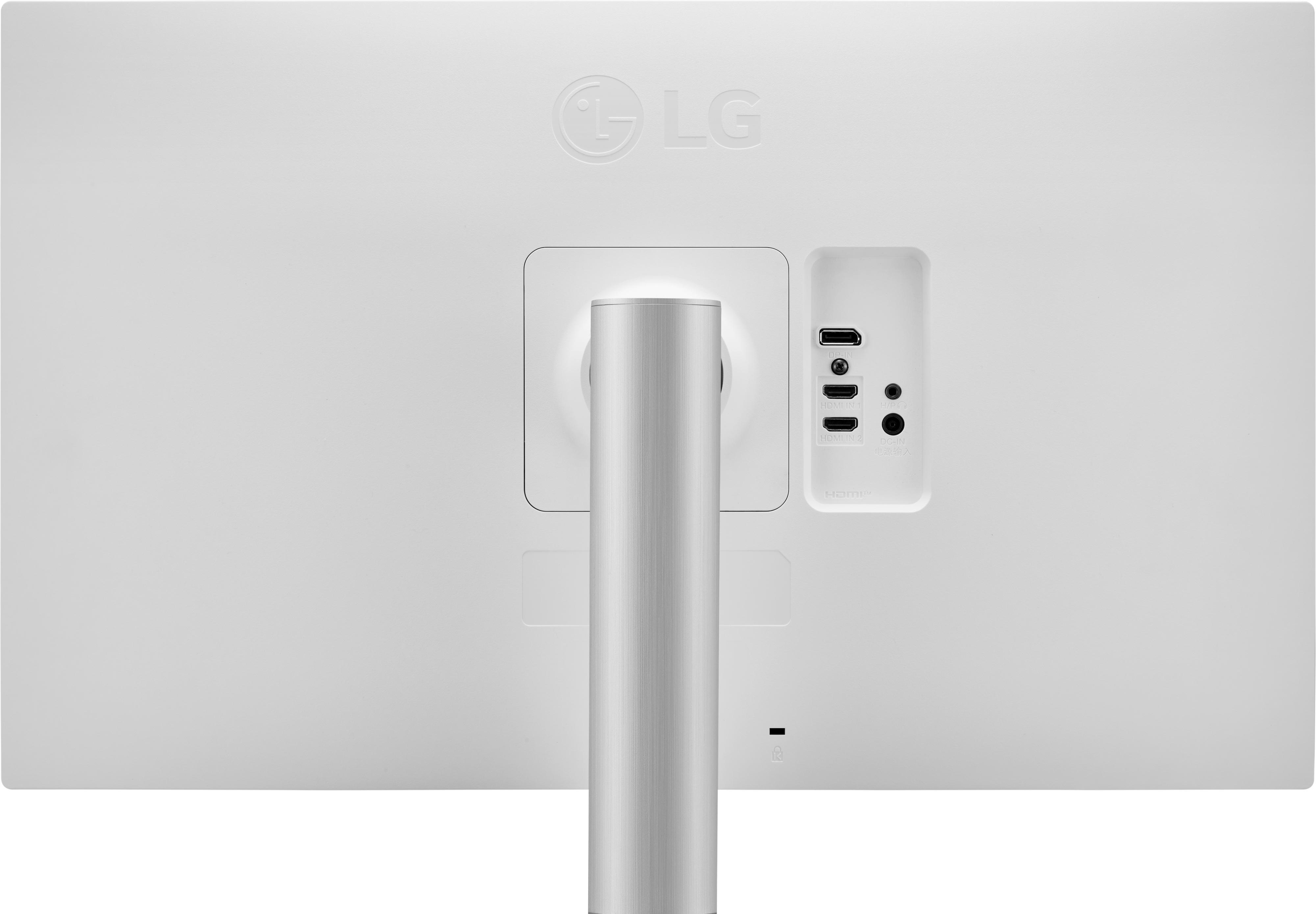 Rückseite eines weißen Computermonitors mit LG-Logo, zentralem Ständer und Anschlüssen.
