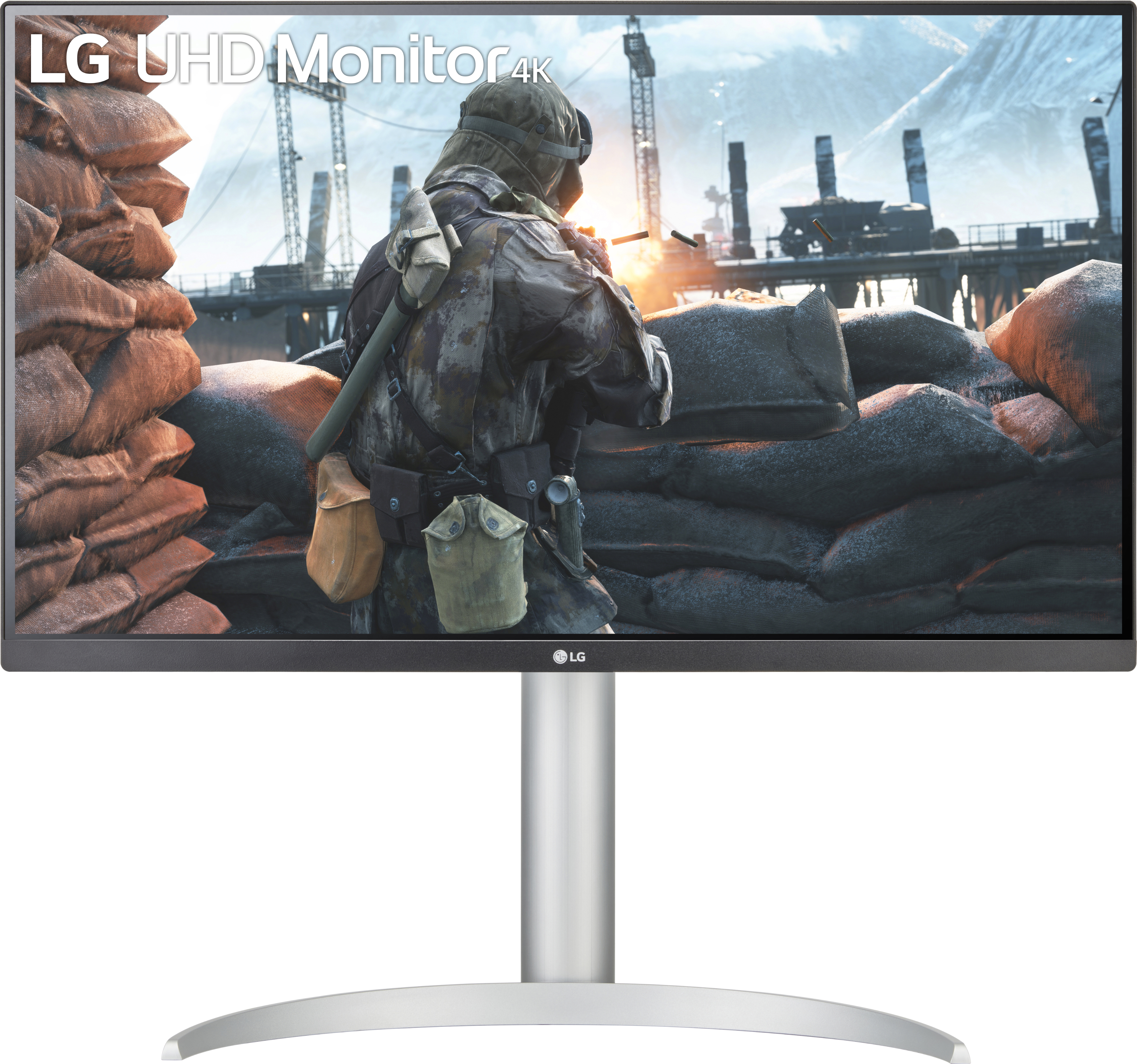 LG 4K-Monitor, Kriegs-Szene, Silberständer, schwarzer Rahmen.