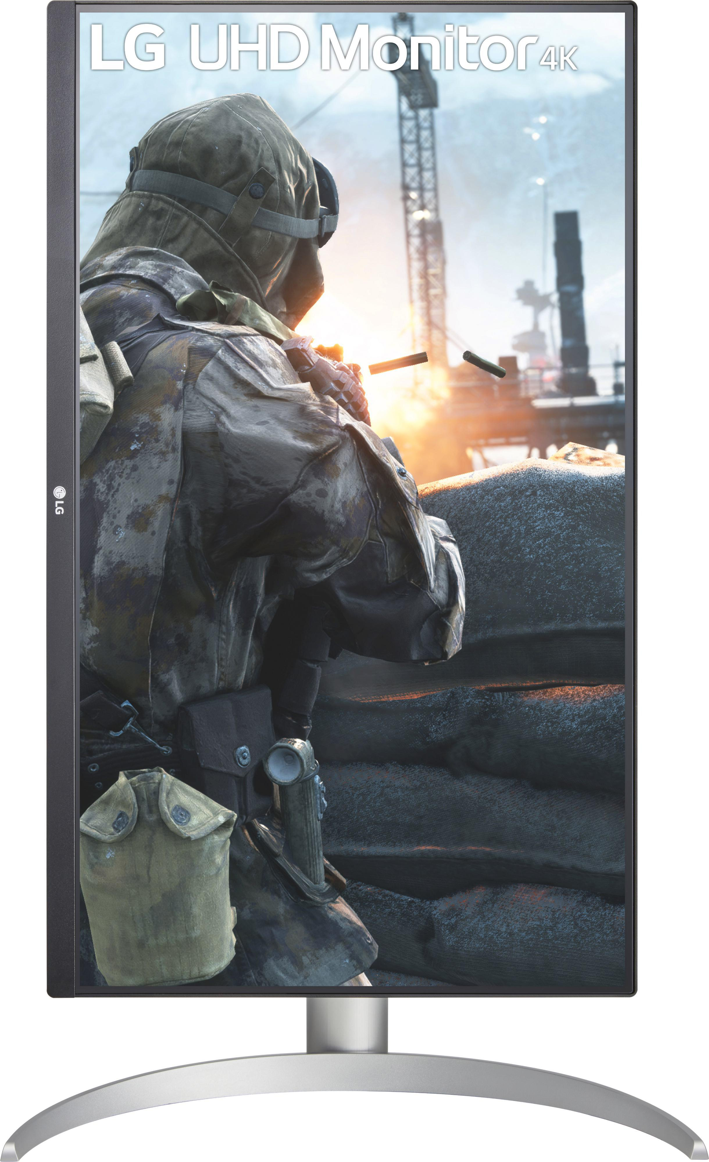 LG UHD Monitor, Soldat zielt mit einer Waffe in einer Kriegsszene.