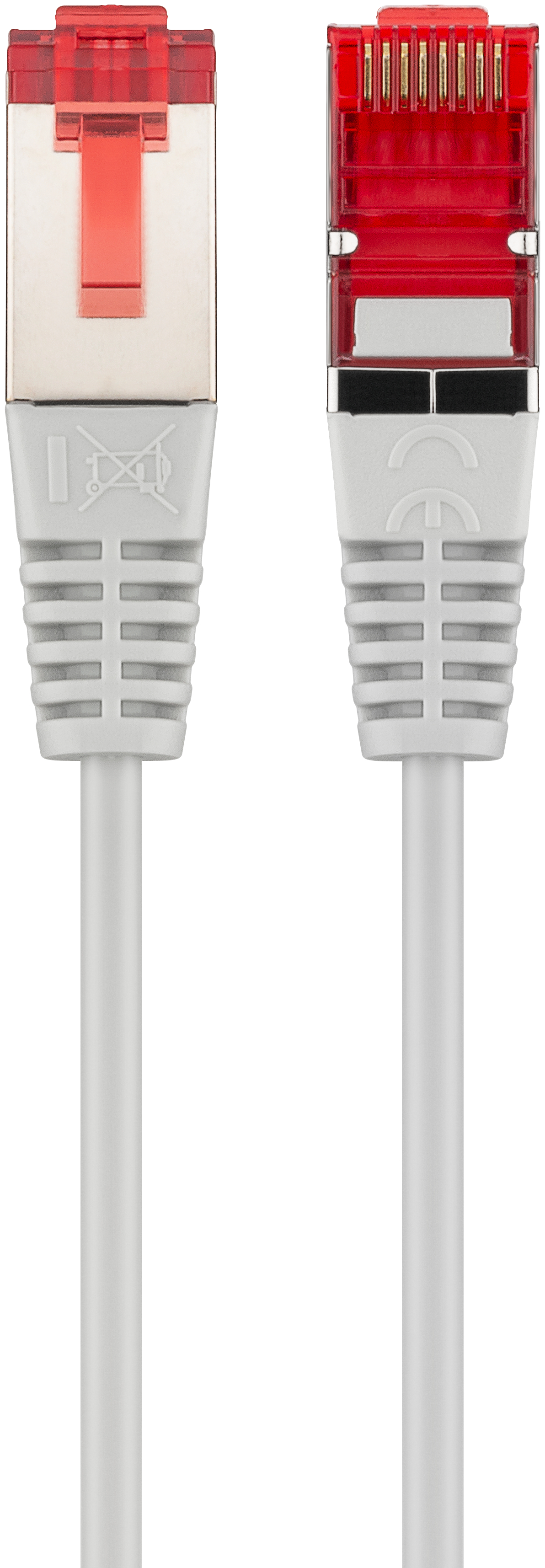 Zwei weiße und rote Ethernet-Kabel. Rote Stecker oben und weiße Kabel.