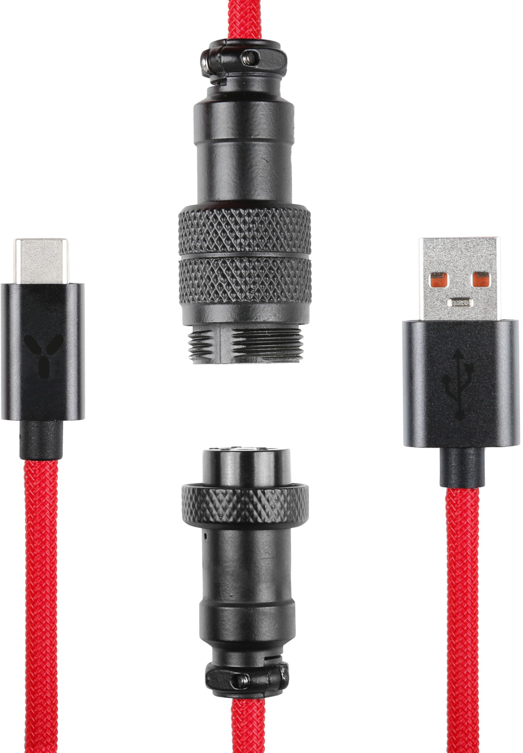 Rotes und schwarzes USB-Kabel mit Anschlüssen. USB-C, ein Stecker und USB-A sind sichtbar.