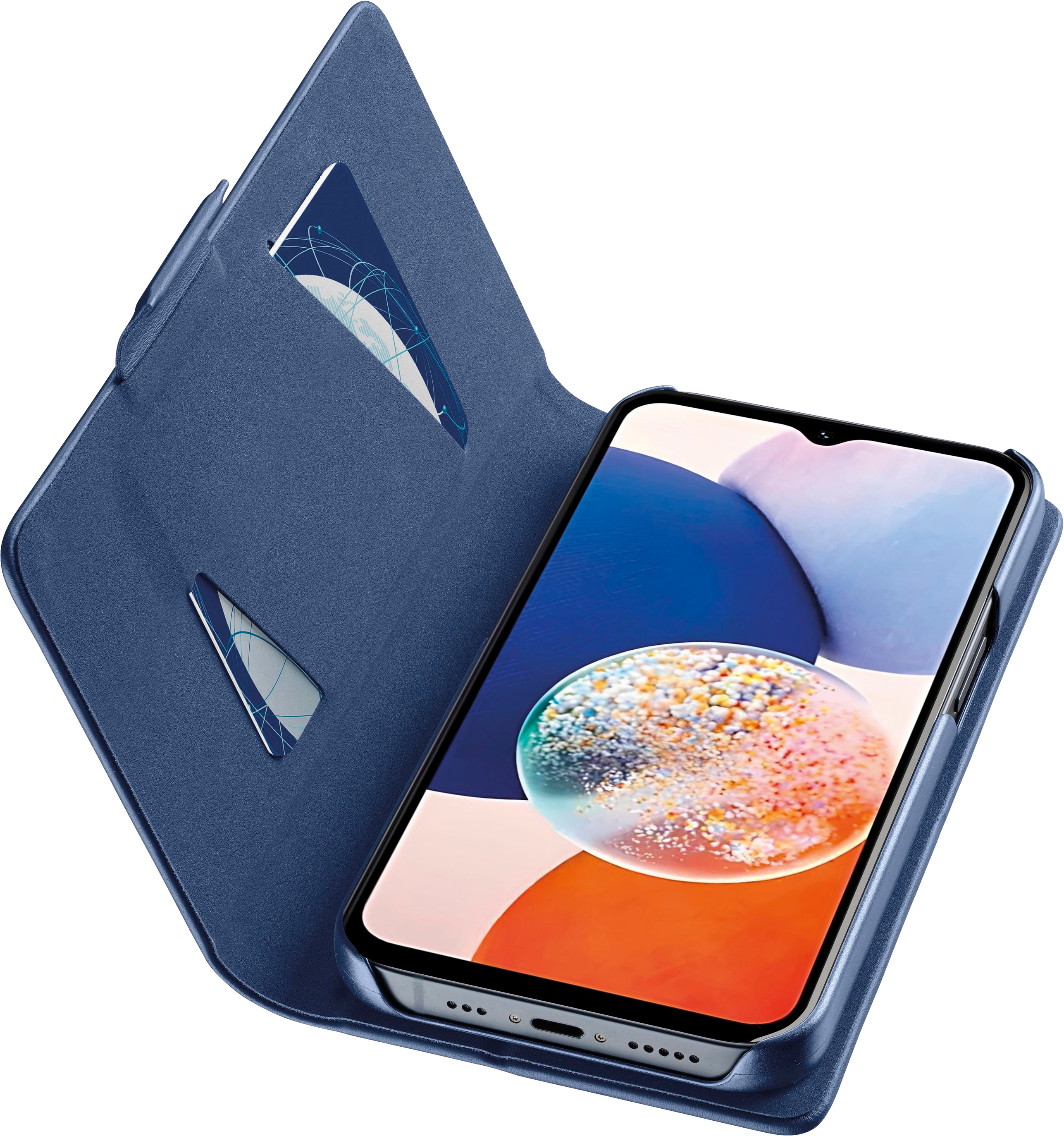 Un étui de téléphone bleu, ouvert, avec un téléphone affichant un écran coloré.