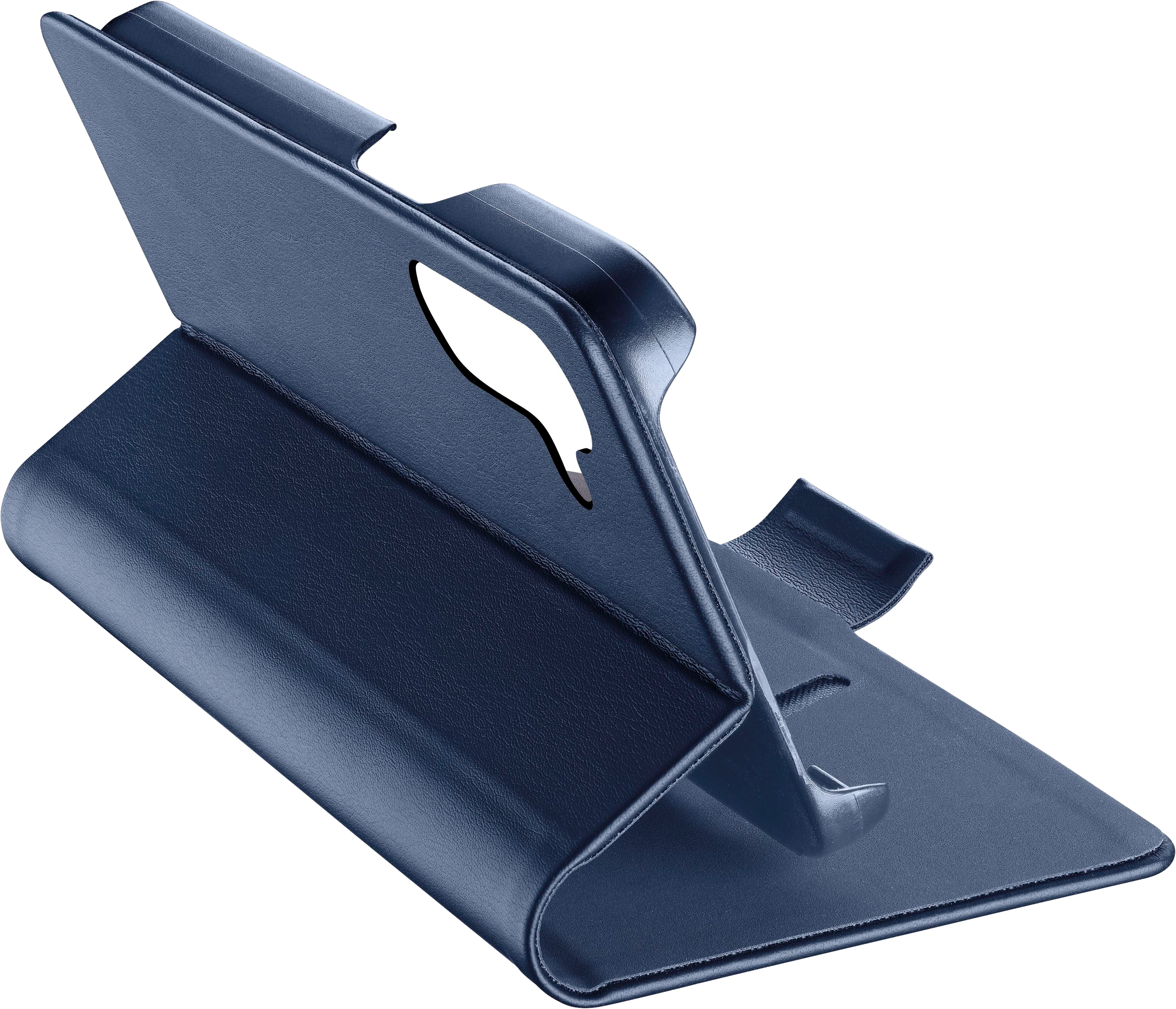 Un support de tablette bleu foncé est présenté sur un fond blanc. Le support est incliné avec une découpe pour l'appareil.