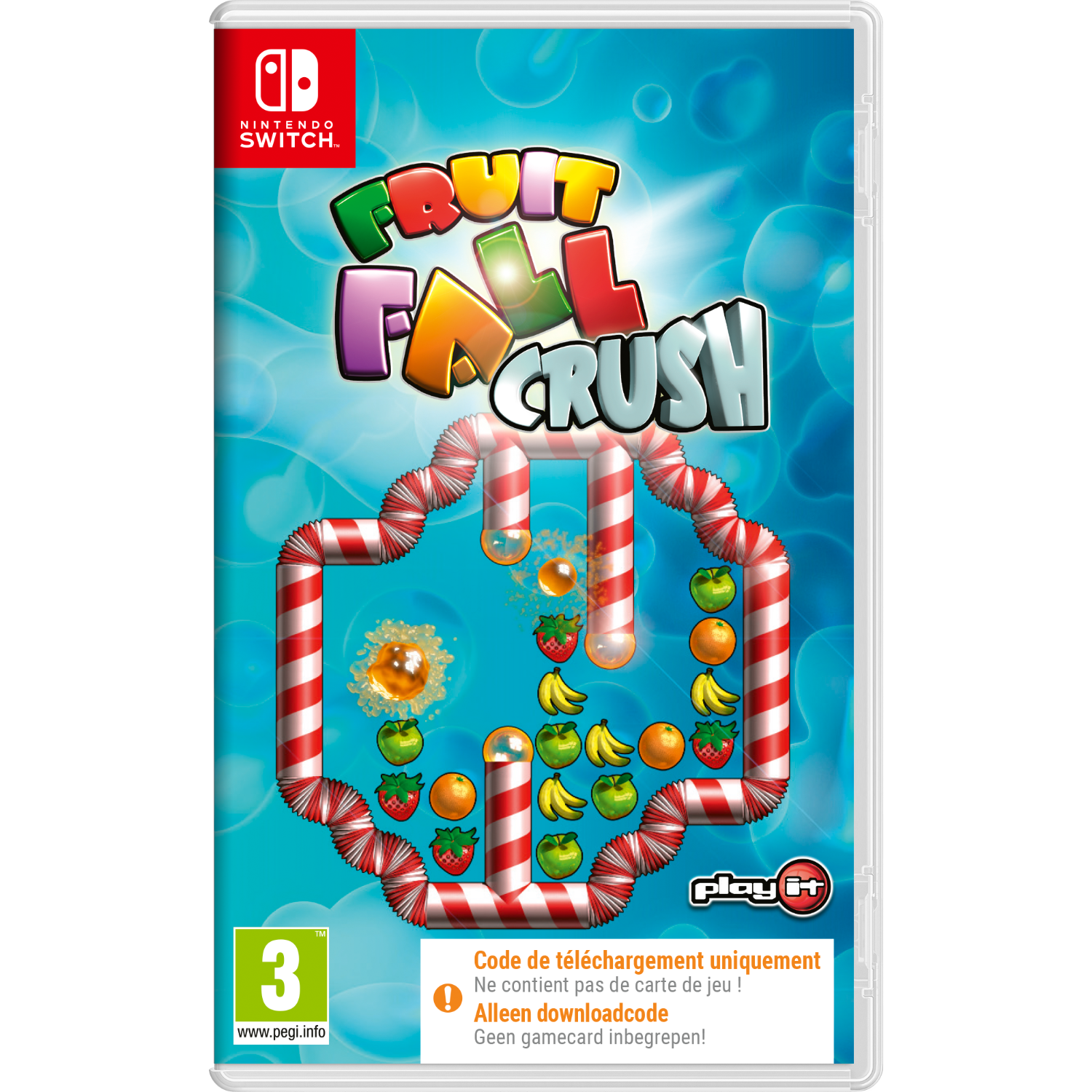 Fruit Fall Crush game cover. Snoep-thema spelbord met fruit en snoep elementen.