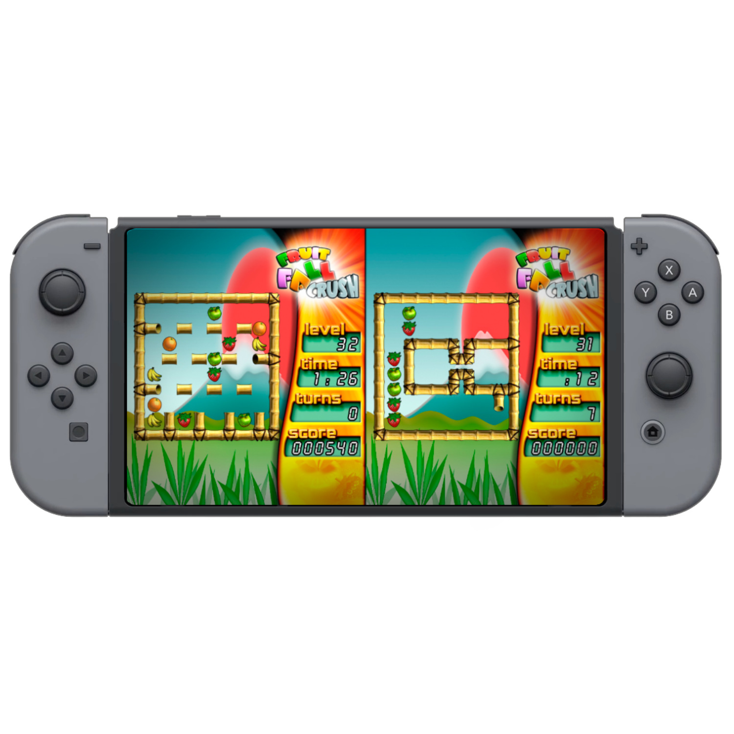 Een Nintendo Switch toont een fruit-matching game. Het scherm toont twee spellevels naast elkaar. De game heet Fruit Fall Crush.