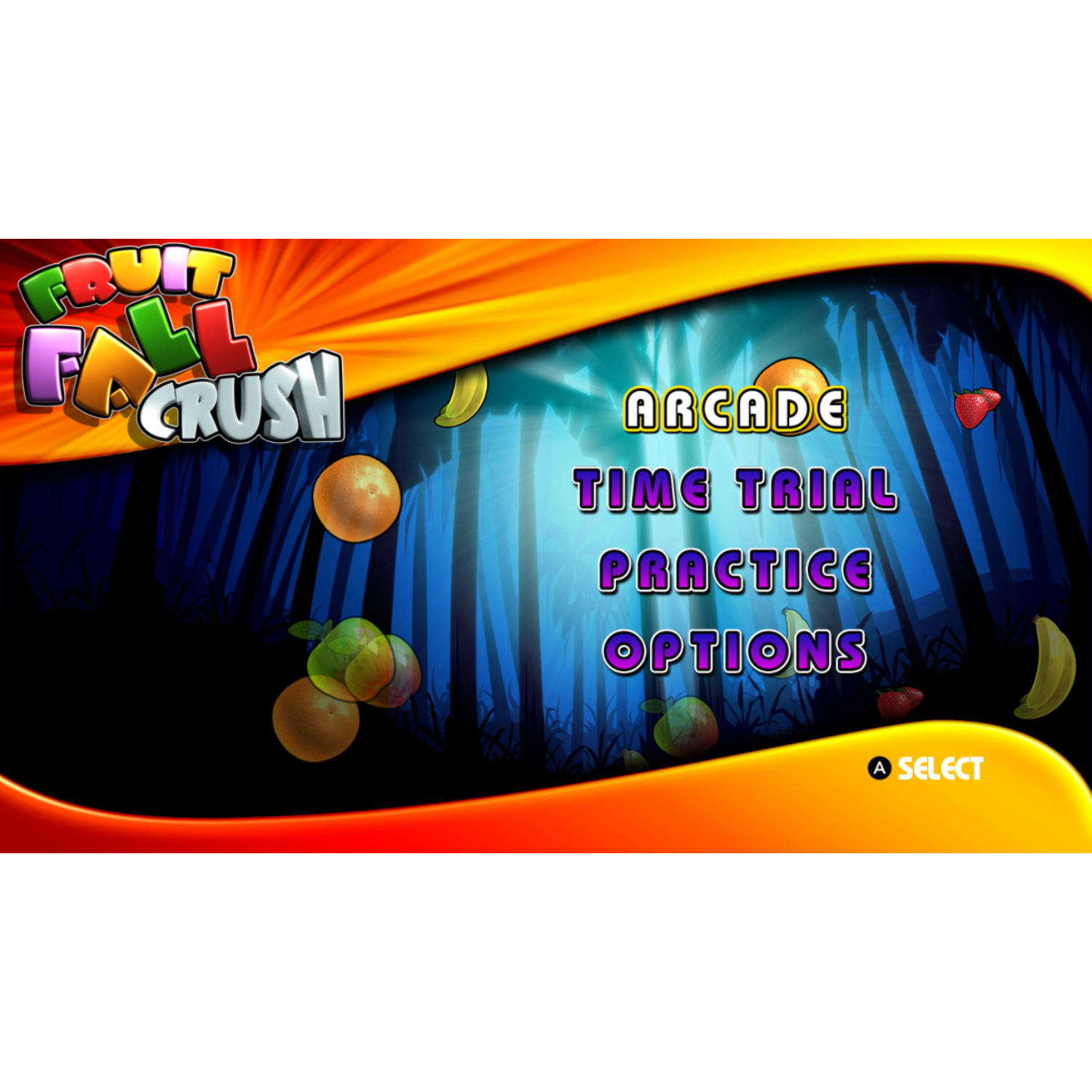 Het hoofdmenu van het spel Fruit Fall Crush met diverse spelmodi.