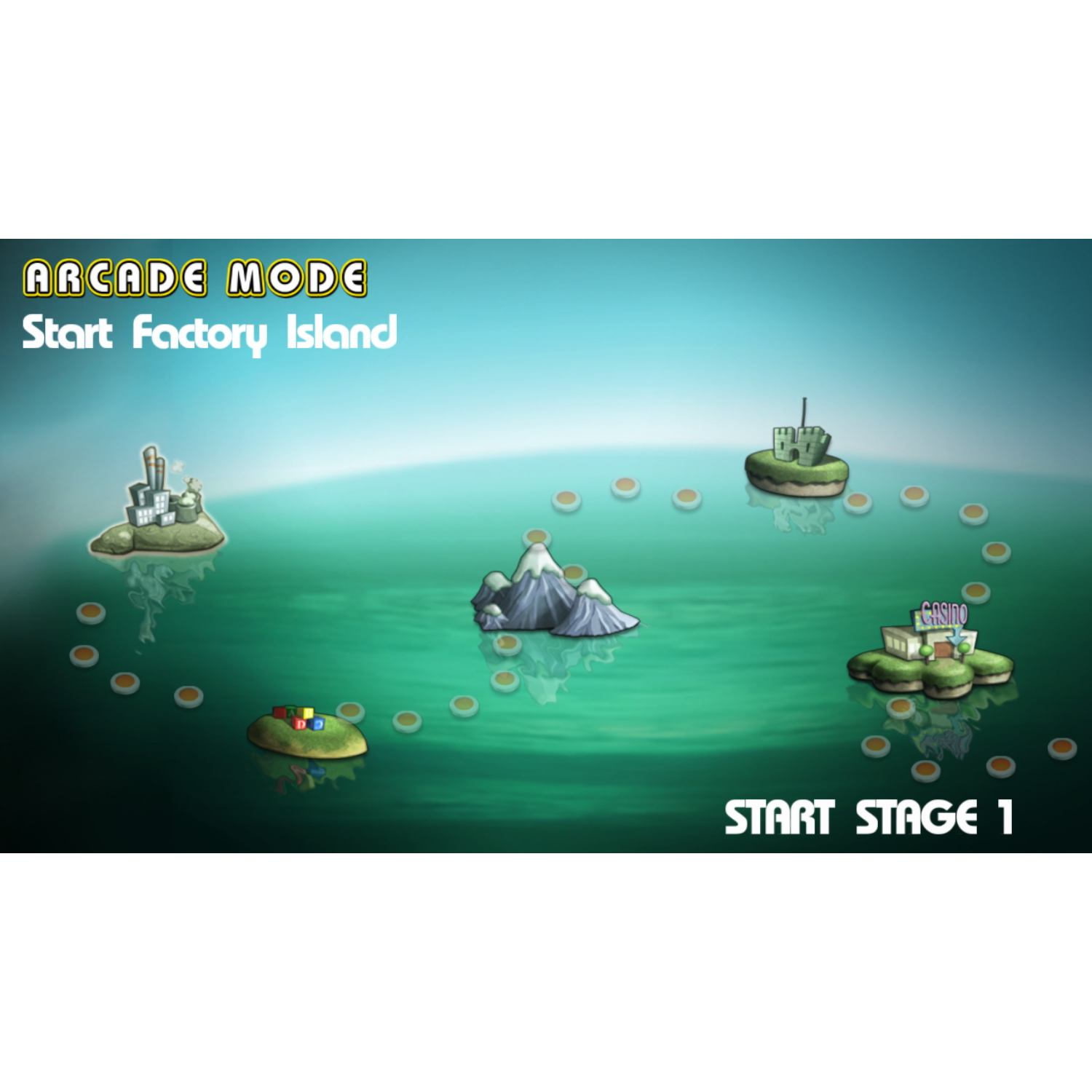 Arcadespelscene, met eilanden, water en spelelementen met de tekst Start Factory Island.