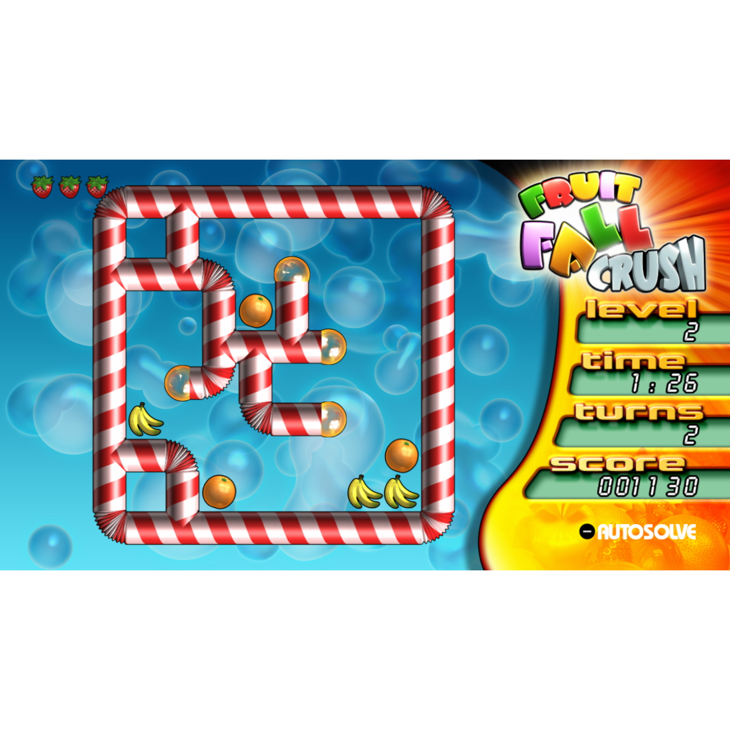 Fruit Fall Crush game level. Snoepgestreepte pad met fruit en score weergegeven aan de rechterkant.