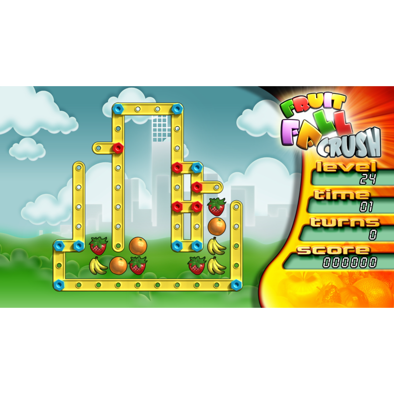 Fruit Fall Crush game-interface met fruit, gele structuur, levelinfo en score. Achtergrond is een stadsgezicht.