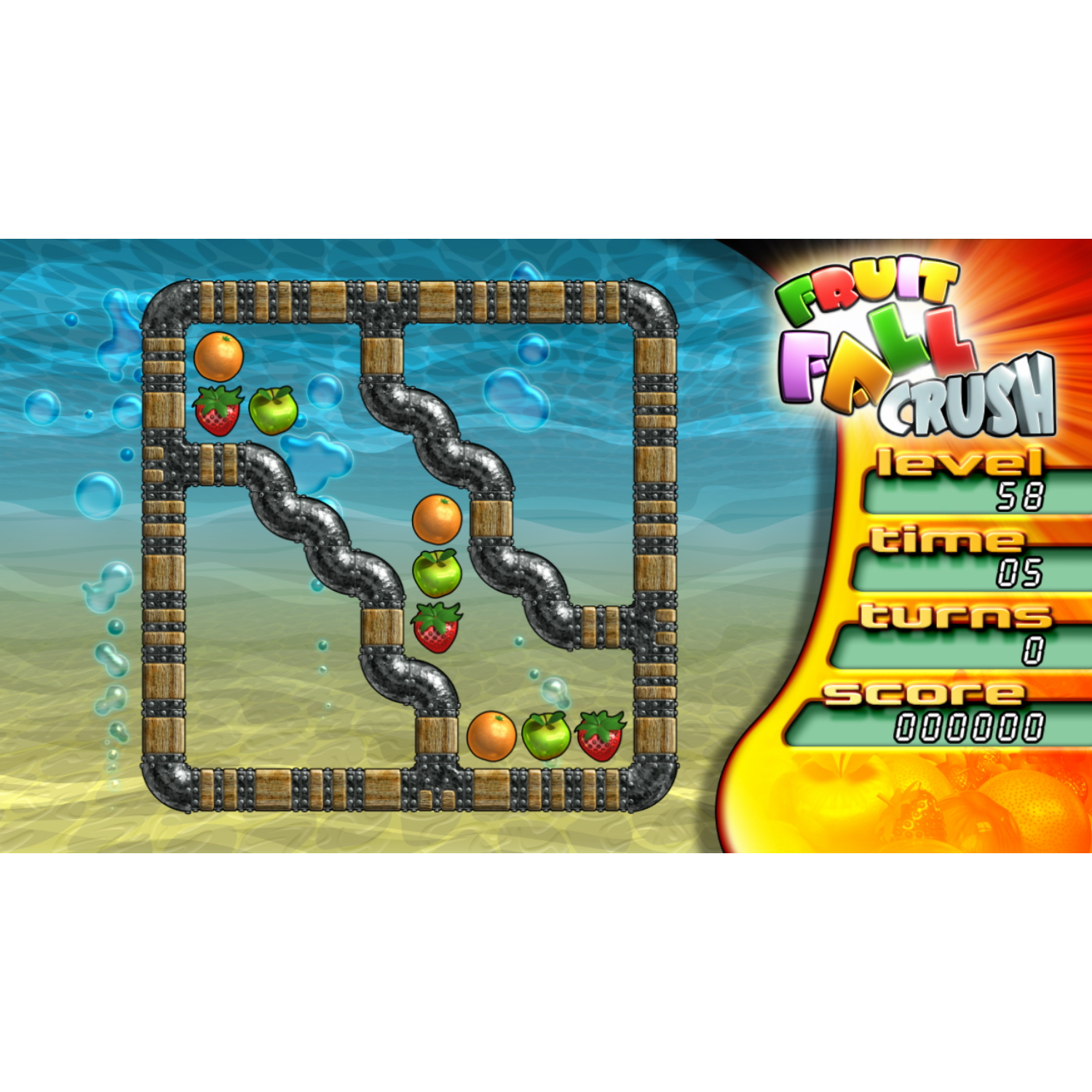 Fruit Fall Crush-gamescherm. Fruit in buizen. Score, level, tijd, beurten weergegeven. Heldere, kleurrijke achtergrond.