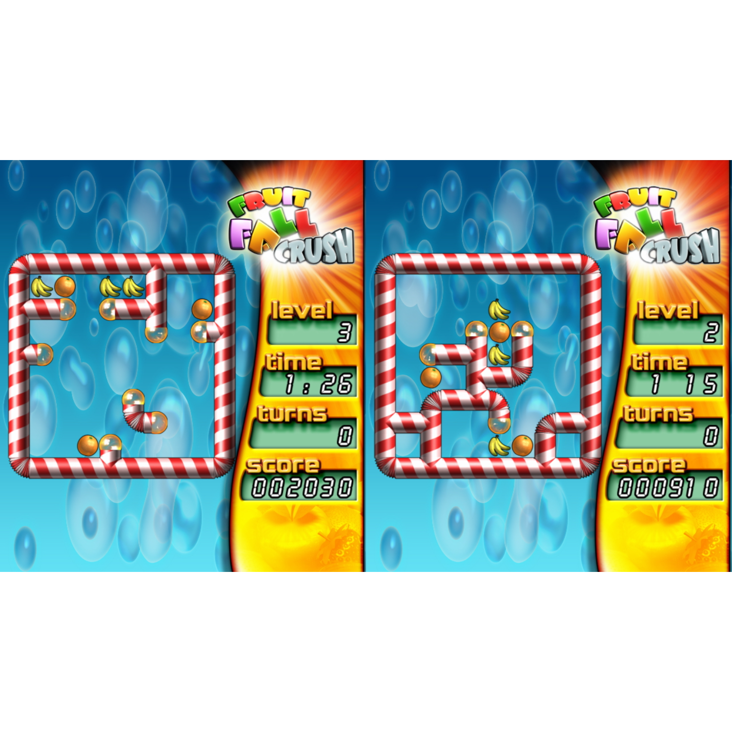 Twee screenshots van een puzzelspel met pijpen en fruit, op een blauwe achtergrond.