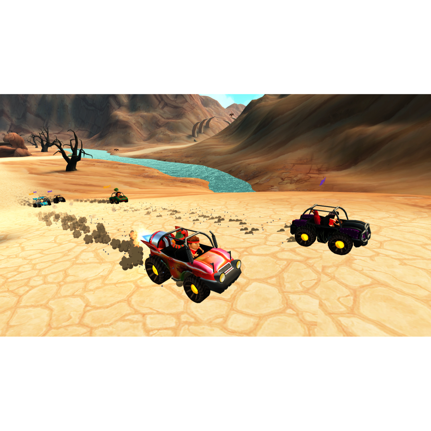 Getekende woestijnscène met raceauto's, stof en rivier op de achtergrond.