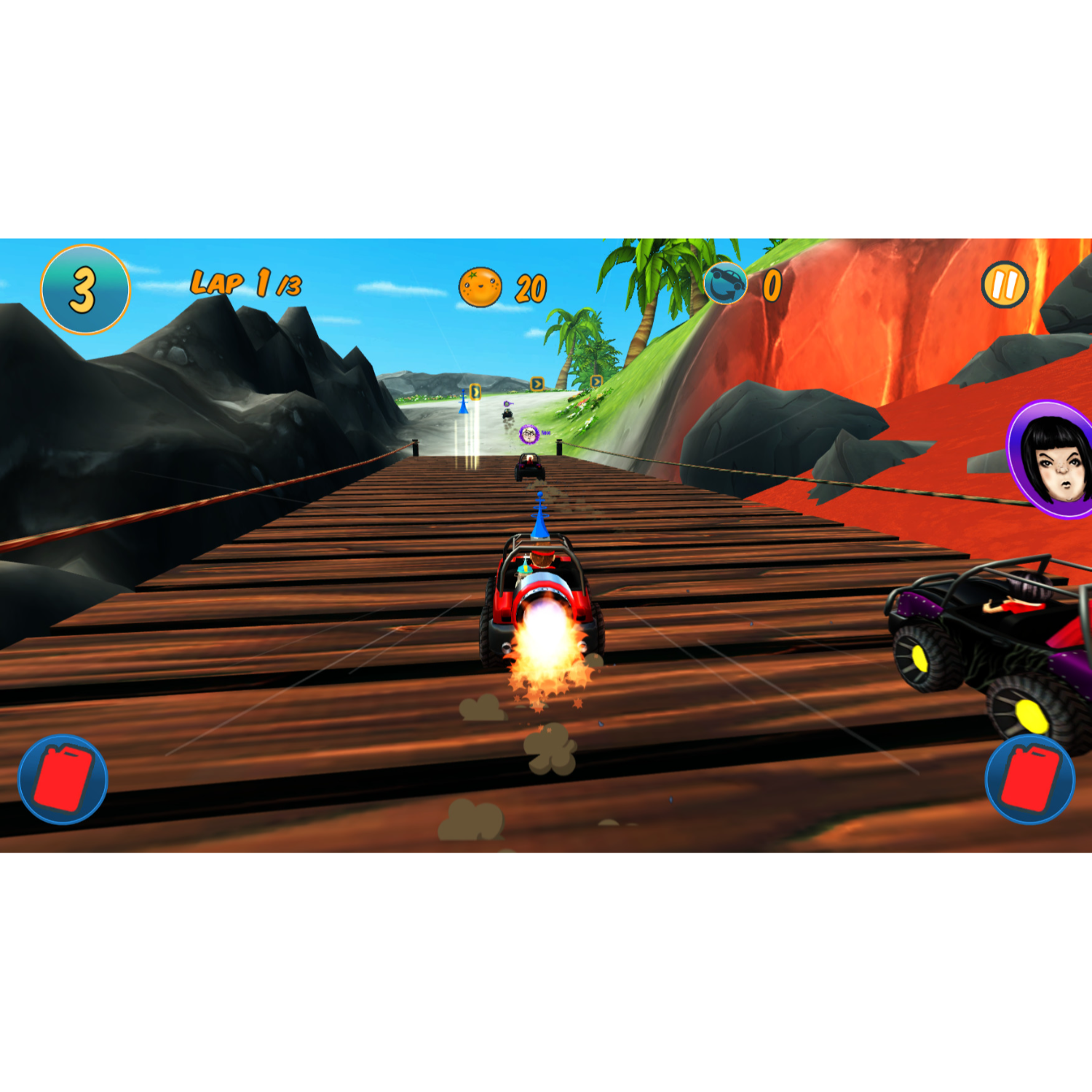 Racegame-scène met rode auto op houten brug, andere auto's en landschap.