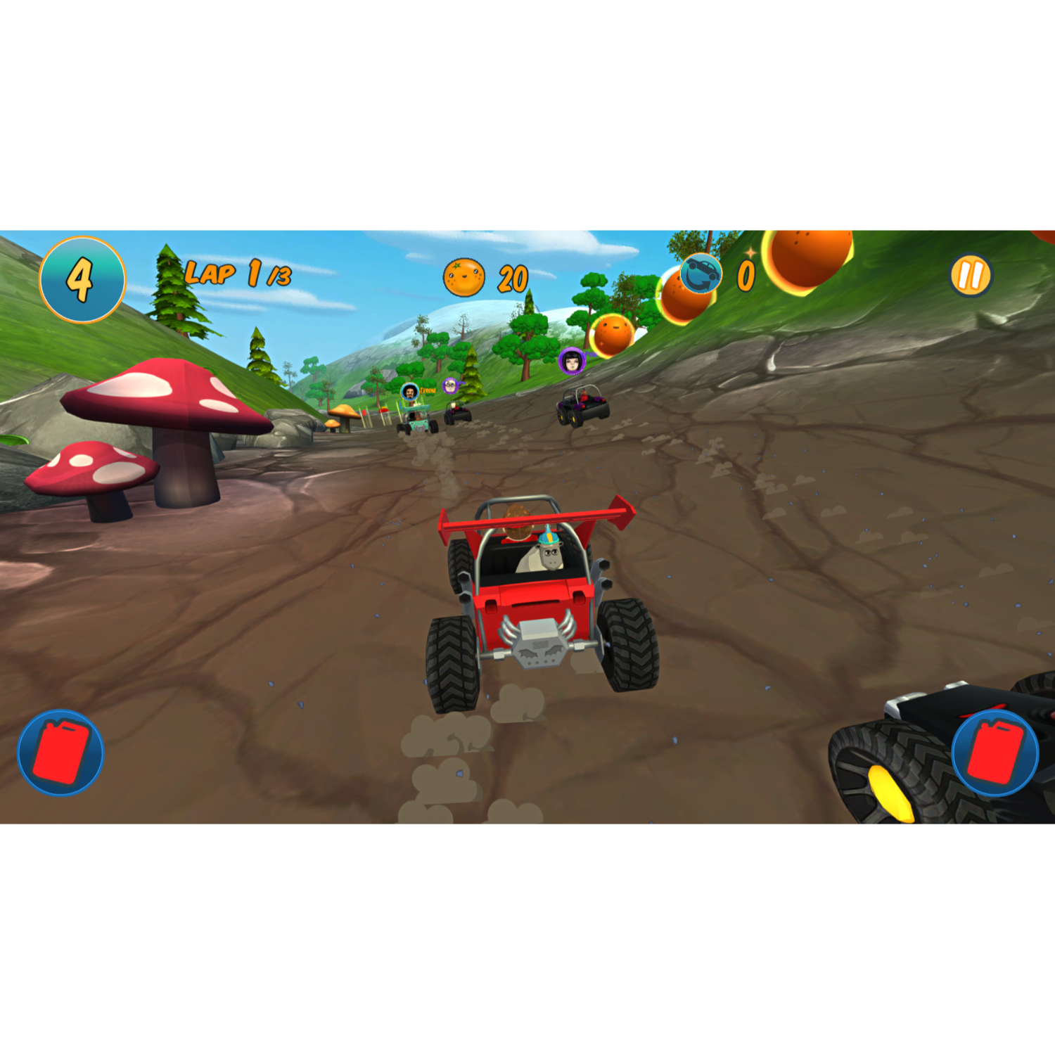 Een rode buggy racet op een zandpad, andere buggy's ervoor. Reuze paddenstoelen op de voorgrond, sinaasappels op de achtergrond.