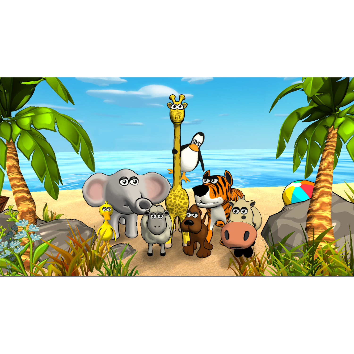 Tekentekens op een strand: olifant, giraf, tijger en anderen.