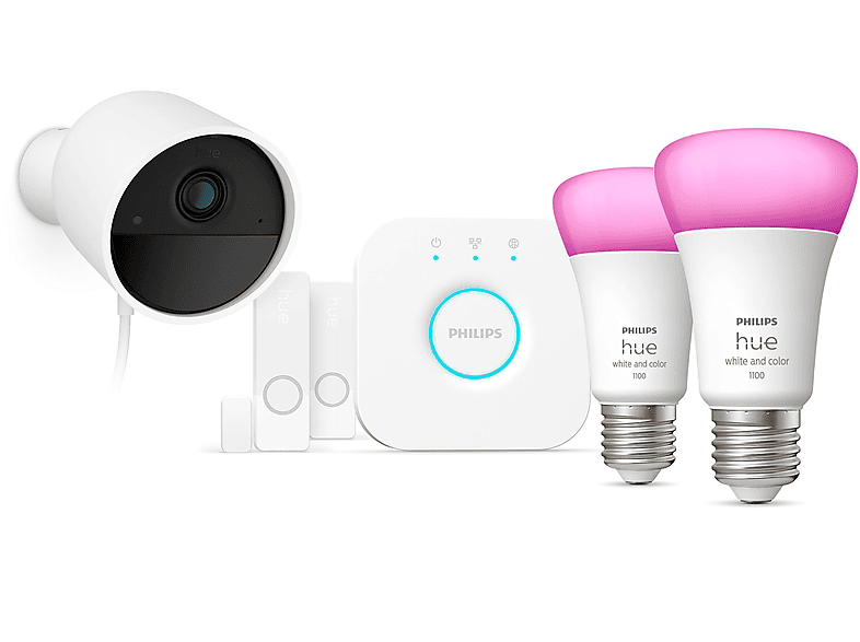 Philips Hue Secure Kamera Bundle - 1x kabelgebundene Kamera + 2x Kontaktsensor + 2x Philips Hue White & Color Ambiance E27 + Bridge - Weiß