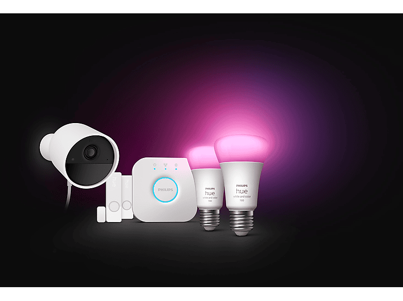Philips Hue Secure Kamera Bundle - 1x kabelgebundene Kamera + 2x Kontaktsensor + 2x Philips Hue White & Color Ambiance E27 + Bridge - Weiß