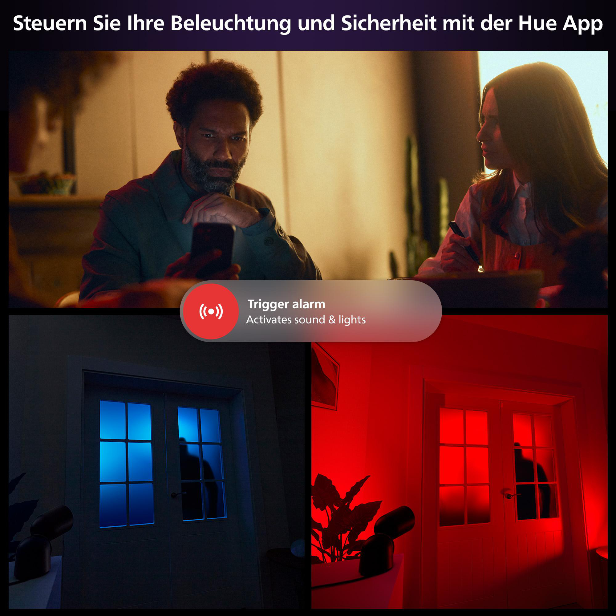 Mann und Frau schauen auf ein Smartphone. Darunter leuchtet eine Tür blau und dann rot, was Sicherheitsmerkmale darstellt.