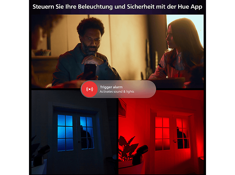 Philips Hue Secure Kamera Bundle - 1x kabelgebundene Kamera + 2x Kontaktsensor + 2x Philips Hue White & Color Ambiance E27 + Bridge - Weiß
