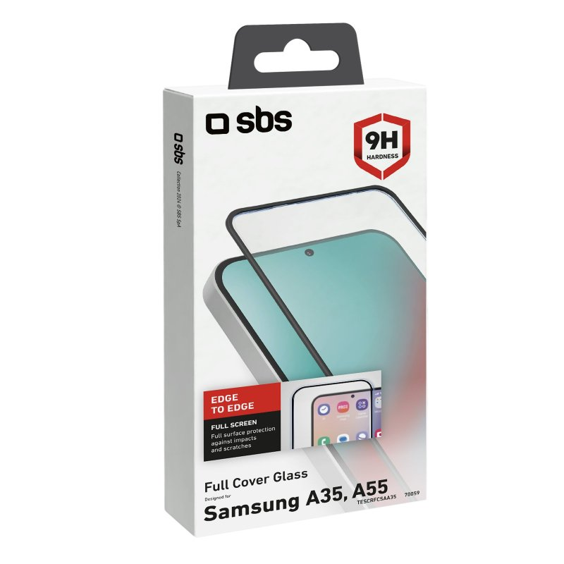 Weiße Box für einen Samsung A35, A55 Displayschutz. Sie zeigt einen Telefonbildschirm und Text zum Schutz.