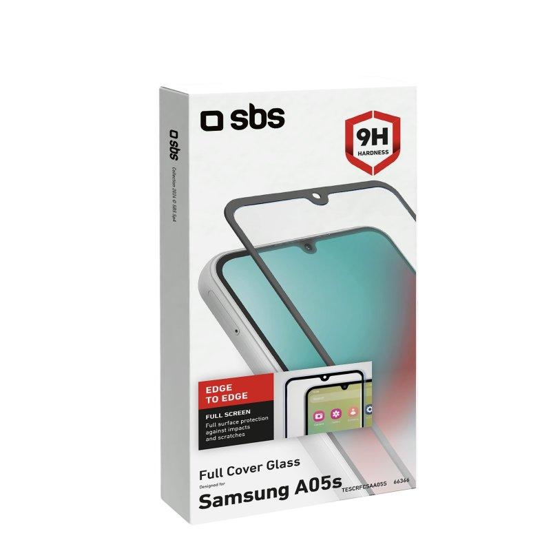 Box mit Displayschutzfolie für Samsung A05s. Weiß und grau mit Telefonbild.