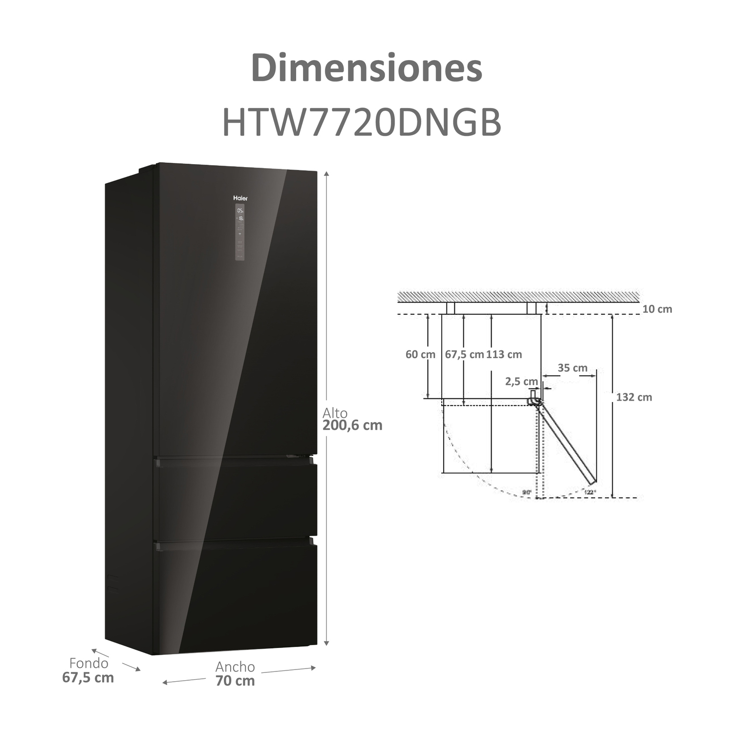 Refrigerador negro con tres cajones. Dimensiones en centímetros se muestran en el lateral.