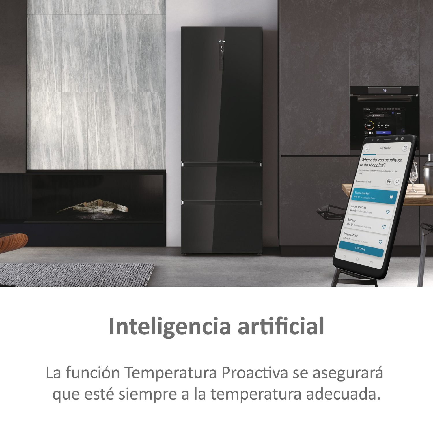 Un refrigerador negro con un smartphone mostrando una lista de compras. Texto: "Inteligencia artificial".