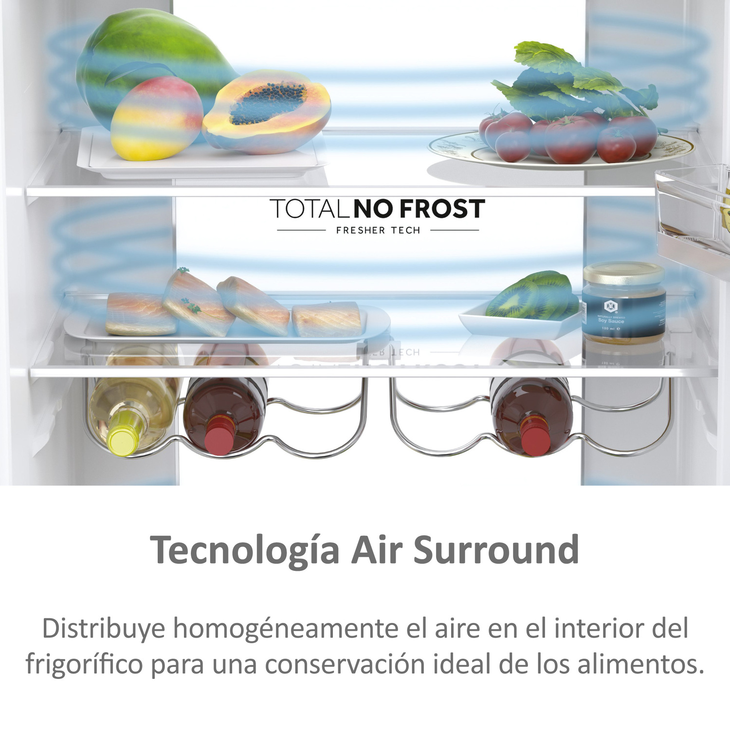 Interior de refrigerador con frutas, verduras y botellas de vino, con ilustración de flujo de aire.