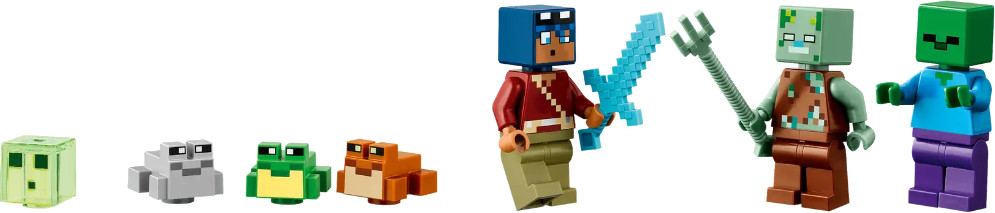 Figurki Lego Minecraft: śluz, żaby i dwie postacie z bronią. Kolorowe i stylizowane, na białym tle.