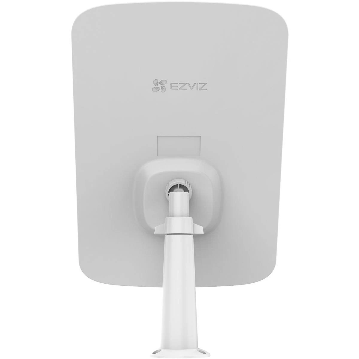Dispositivo blanco EZVIZ similar a un espejo, vista trasera, montado en un soporte blanco. El dispositivo es rectangular con esquinas redondeadas.