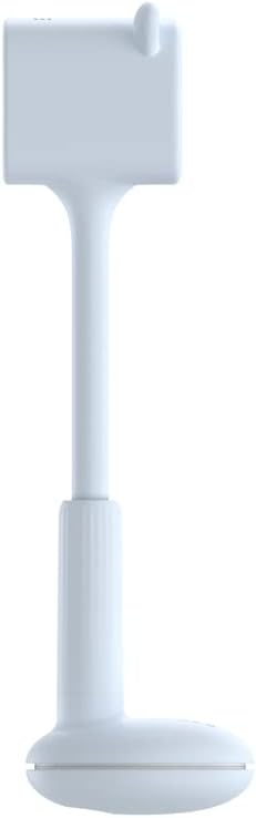 Soporte blanco con un soporte largo y curvo y una pequeña cabeza cuadrada. El diseño es minimalista y moderno.