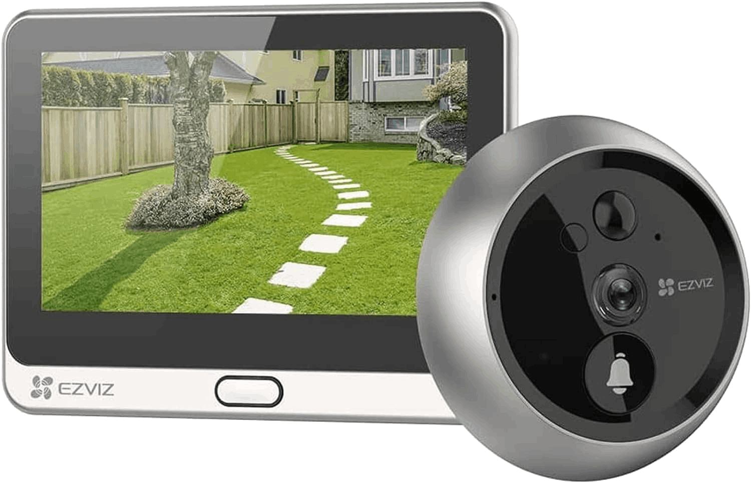 Sistema de timbre con video EZVIZ. Un monitor muestra un jardín. Un timbre con cámara está a la derecha.