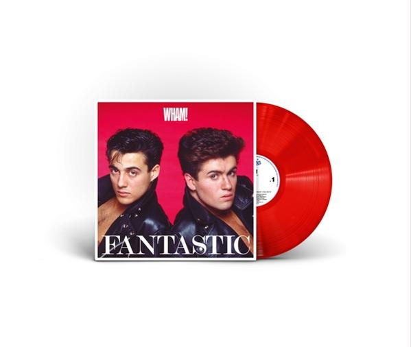 Wham! album borítója. Két férfi egy piros bakelit lemez előtt. Cím: Fantastic.