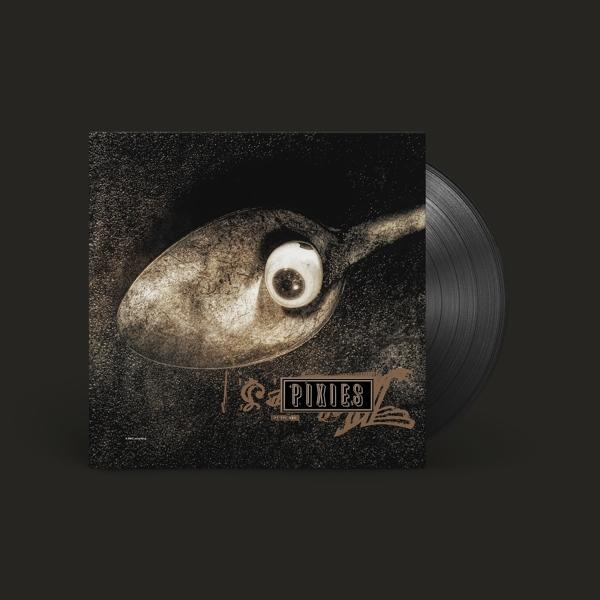 Pixies album borító. Kanál szemgolyóval, fekete bakelit lemez. Sötét háttér.