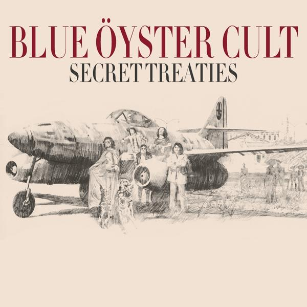 Album borító: 'Blue Öyster Cult - Secret Treaties', a zenekar tagjaival és egy sugárhajtású géppel.