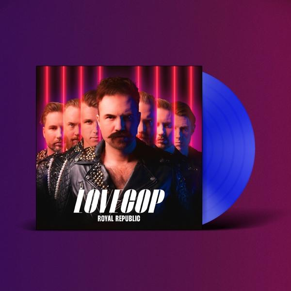 Album borító, zenekar tagjai elöl. Cím: LOVECOP. Vinyl lemez az oldalon.