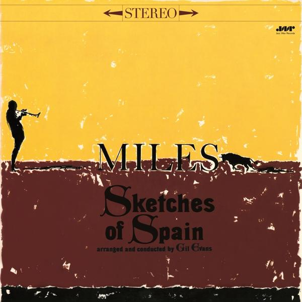 Album borító, sárga és barna. Sziluett trombitál. Cím: Sketches of Spain by Miles.
