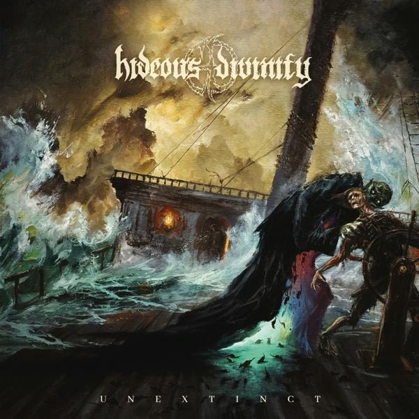 Album borító: sötét hajó viharos tengerben, csontváz figurák, 'Hideous Divinity' cím.