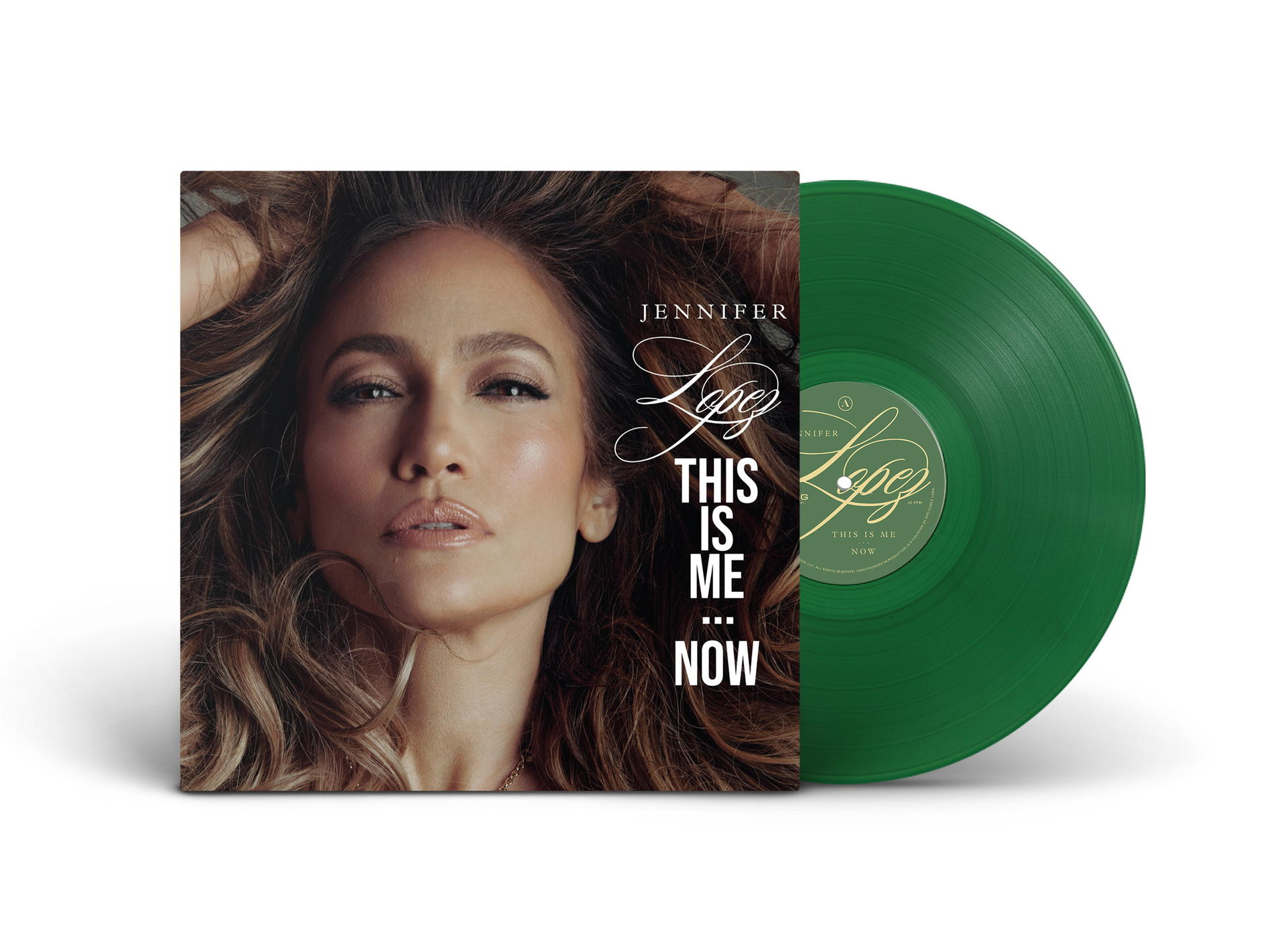 Jennifer Lopez album borítója zöld bakelit lemezzel, fehér háttér.