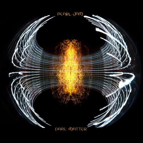 Albumcover mit abstraktem Lichtdesign in einem Kreis, mit Pearl Jam und Dark Matter Text auf schwarzem Hintergrund.